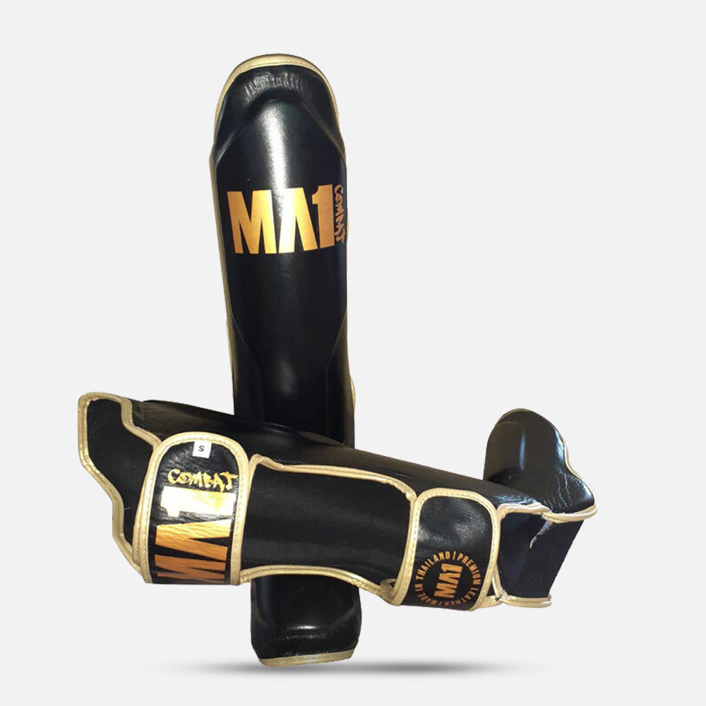 MA1 Thai Made Black & Gold Leather Muay Thai Shin Guards