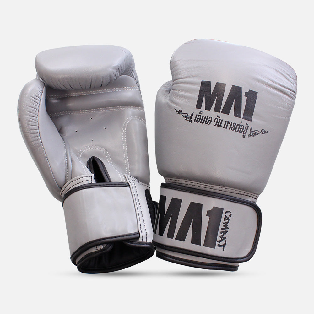MA1 Thai Made Grey Black Leather Boxing Gloves