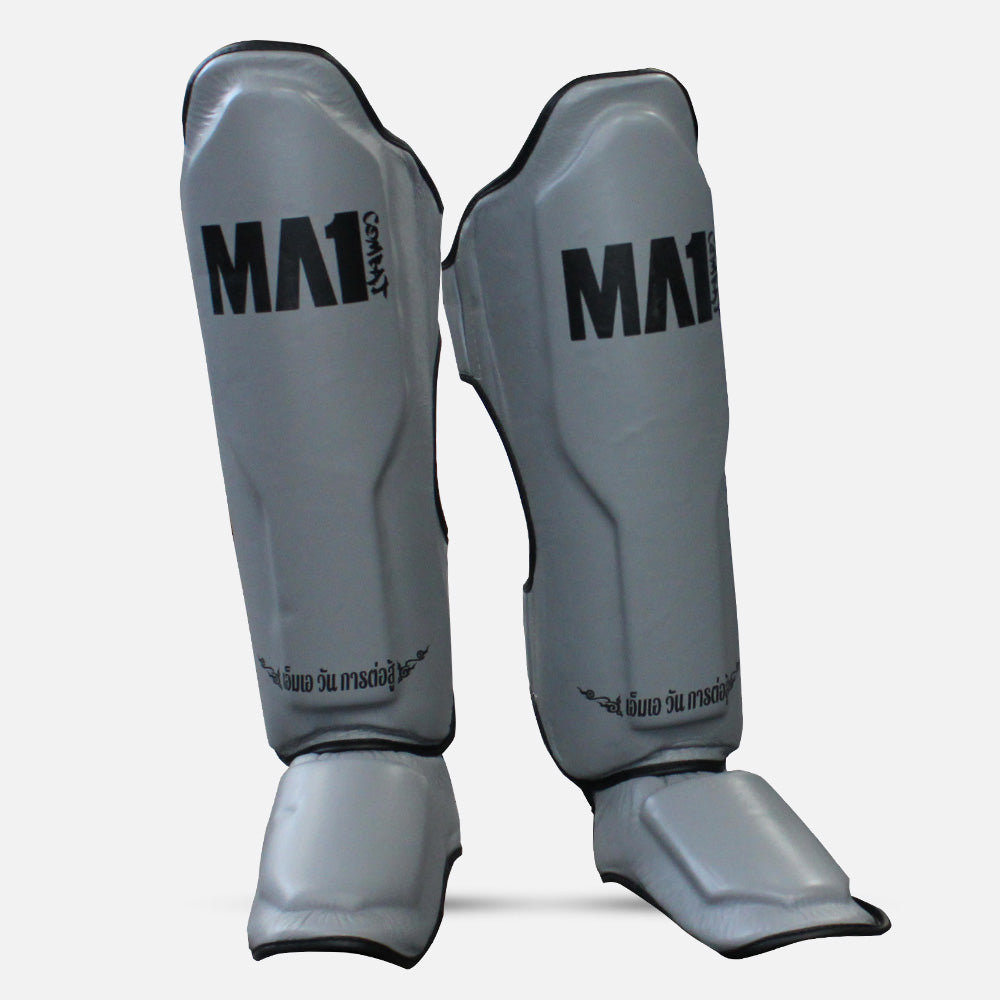 MA1 Thai Made Grey Black Leather Muay Thai Shin Guards