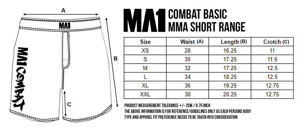 MA1 Basic Cut MMA Shorts Size Chart
