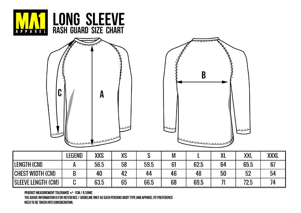 Long sleeve rash guard size chart with measurements for different sizes.