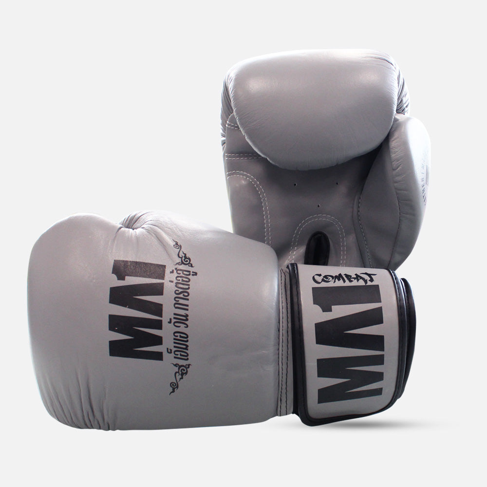 MA1 Thai Made Grey Black Leather Boxing Gloves