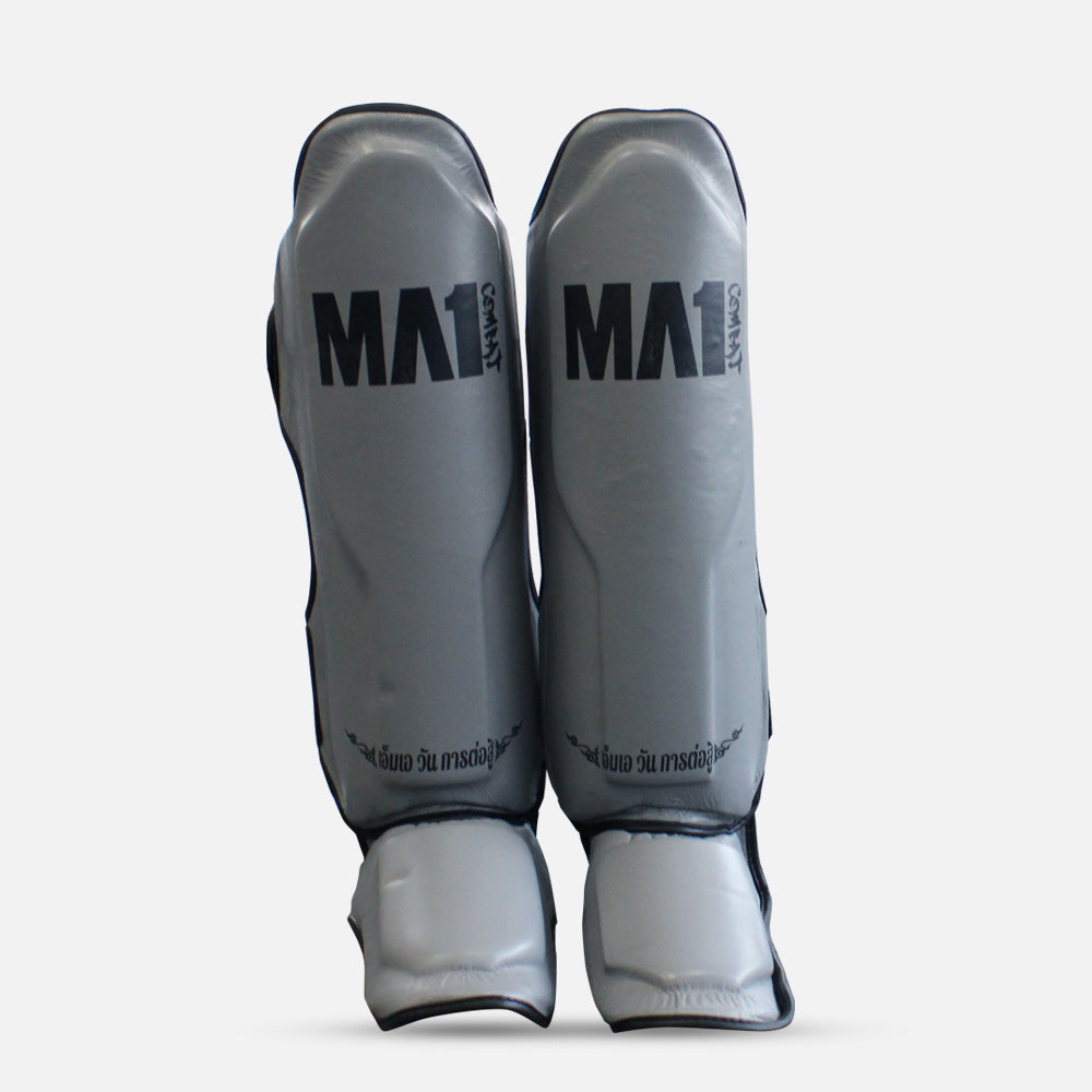 MA1 Thai Made Grey Black Leather Muay Thai Shin Guards